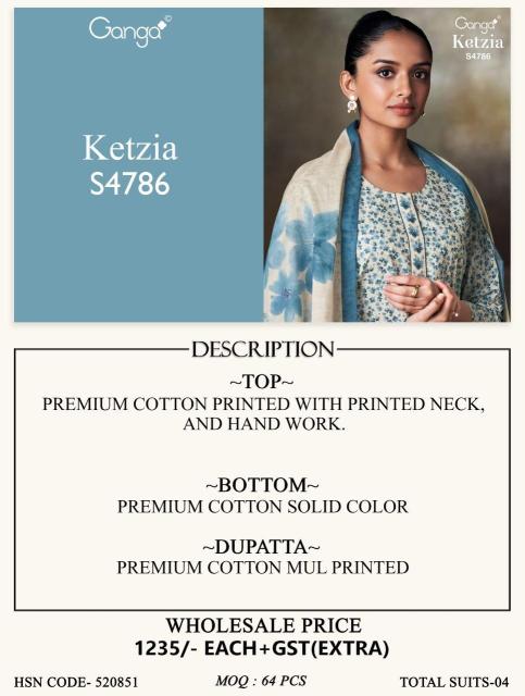 Ganga ketzia 4786 embroidery cotton dress material wholesale price in